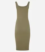 Vestido midi acanalado color celeste, con escote cuadrado y tirantes medios. Confeccionado en algodón sostenible con elastano para mayor comodidad y ajuste.