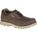 Zapato de hombre Caterpillar modelo Prez, color marrón oscuro, estilo casual de caña baja con cordones. Fabricado en nobuck impermeable, forro de malla de nailon, plantilla Ease y suela de goma duradera.