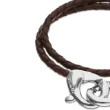 Pulsera de cuero marrón doble con mosquetón entrelazado bañado en plata.
