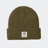 Gorro de lana color verde oliva, tipo pescador, con dobladillo y etiqueta de la marca Dickies.