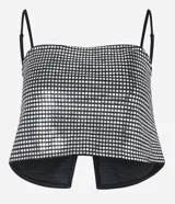 Blusa cropped metalizada con breteles finos ajustables y abertura en la espalda.