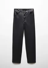Pantalón negro de efecto piel, corte recto, largo cropped y tiro medio.
