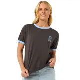 Remera negra con cuello y mangas con ribete celeste, logo de Rip Curl estampado en el pecho.