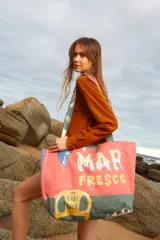 Bolso de playa XXL de lona de algodón doble, con estampa de paisaje costero y la frase "Mar Fresco".