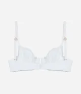 Soutien blanco de encaje con aro, breteles ajustables y cierre en la espalda.