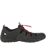 Sandalia deportiva de cuero color marrón con ajuste elástico y suela de goma negra.