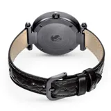 Reloj Swarovski para mujer, modelo Crystalline Wonder, con caja negra de 35mm y esfera adornada con cristales negros. Correa de cuero negro con diseño de lagarto. Fabricado en Suiza.