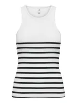 Top sin mangas blanco con rayas horizontales negras, de algodón suave y corte regular.