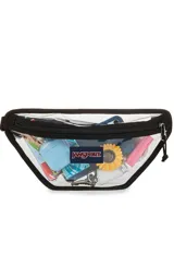 Riñonera transparente con ribetes negros y logo de JanSport en el frente. Tiene un compartimento principal con cierre y correa ajustable con hebilla.