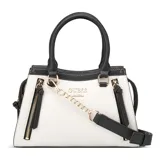 Cartera Guess modelo Wrenley, de tamaño mediano, color blanco con detalles en negro y herrajes dorados. Tiene doble asa de mano, correa bandolera desmontable y cierre superior.