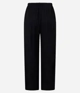 Pantalón recto fluido de chiffon texturizado color negro, con cintura alta, elástico y lazo ajustable.