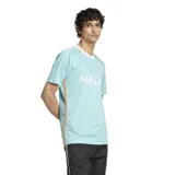 Camiseta de fútbol Adidas del Inter Miami CF, modelo tercer uniforme temporada 2024. Diseño celeste con rayas verticales en relieve y detalles en naranja. Incluye logo de Adidas, escudo del club y nombre del equipo en el frente.