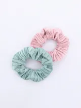 Pack de dos coleros de pelo de tela con textura acanalada, uno color verde agua y otro color rosa.