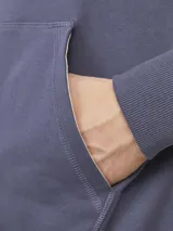 Hoodie tipo canguro azul con capucha y cordones ajustables. Estampado con la palabra "Originals" y el logo de Jack & Jones en el pecho.