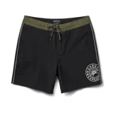 Bermuda de baño negra con cintura marrón y logo estampado en blanco en la pierna derecha.