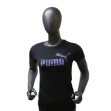 Remera negra de algodón con logo de Puma estampado en el pecho con diseño camuflado en tonos violeta.