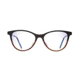 Anteojos de receta con marco de madera color marrón oscuro en la parte superior y marrón claro en la parte inferior. Lentes transparentes con filtro de luz azul.