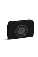 Billetera azul con cierre y estampado circular con la palabra "TRENDY" en el frente.