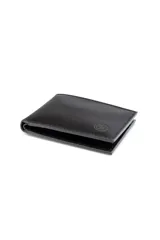 Billetera doble de cuero marrón con compartimentos para tarjetas, documentos y billetes. Incluye caja individual.