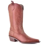 Bota texana color marrón con bordados decorativos y taco bajo.