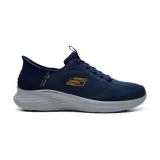 Championes deportivos Skechers Slip-ins Skech Lite Pro Primebase, color azul marino con logo dorado. Capellada de malla con cordones elásticos y plantilla Air-Cooled Memory Foam.