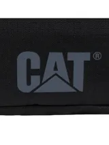 Neceser unisex negro con logo CAT en gris. Cuenta con gancho para colgar, asa de cincha, cierre de cremallera, bolsillo de malla con cremallera en un lateral y bolsillo de malla elástica en el otro.