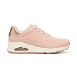 Championes Skechers Street Uno - Shimmer Away, color rosa con detalles en dorado. Capellada de durabuck sintético con borde metálico, cordones elásticos, plantilla Skechers Air-Cooled Memory Foam y cámara de aire visible Skech-Air.