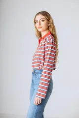 Camiseta de manga larga con cuello polo, rayas horizontales marrones y celestes, y cuello y tapeta de botones en color celeste liso.