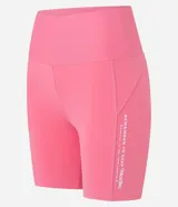 Bermuda deportiva de poliamida color rosado, con tiro alto y pespunte doble en los laterales.