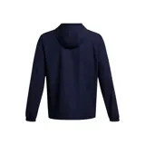 Campera Under Armour Sportstyle Wndbreakr gris con capucha, cierre frontal, franja horizontal negra en el pecho con logo de la marca en blanco.