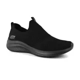 Championes Skechers Ultra Flex 3.0, color negro, sin cordones, con capellada de tejido knit elástico, plantilla Air-Cooled Memory Foam y suela flexible.
