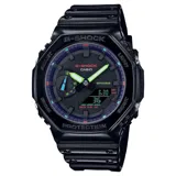 Reloj Casio G-Shock modelo GA2100RGB-1ADR, con estructura Carbon Core Guard, resistencia a impactos, alimentación solar Tough Solar, conectividad Bluetooth, resistencia al agua hasta 200 metros, iluminación LED, cronómetro, temporizador y alarmas.