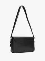 Cartera mensajera negra de poliuretano con monograma TH en la parte delantera. Tiene asa superior, correa textil trenzada ajustable y extraíble, compartimento principal, bolsillo interior con cremallera, bolsillo interior abierto y monedero extraíble con cremallera.