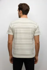 Remera de manga corta color beige con cuello redondo, confeccionada en algodón y con un estampado de rayas horizontales discontinuas en color marrón oscuro.