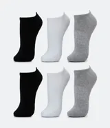 Kit de seis pares de medias deportivas invisibles de algodón, color negro, blanco y gris.
