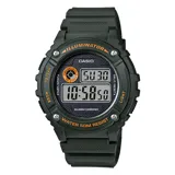 Reloj digital Casio con caja y correa de resina color verde oliva, esfera digital negra con luz, cronómetro, alarma, calendario automático y formato 12/24 h. Resistente al agua hasta 50 metros.