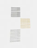 Set de 30 horquillas lisas, color negro, dorado y plateado.