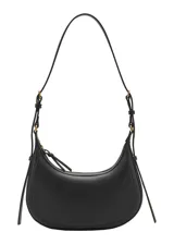 Cartera de hombro estilo hobo en color negro, confeccionada en material sintético con acabado liso. Presenta un diseño de media luna con cierre de cremallera y correa ajustable con hebilla metálica.