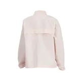Campera deportiva color rosa pálido, con cierre frontal, cuello alto y logo reflectivo de New Balance en el pecho.