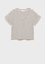 Camiseta de algodón a rayas horizontales blancas y negras, con cuello en V y corte recto.