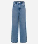 Pantalón de jean wide leg color celeste con bolsillos, trabillas y detalle de tachuelas plateadas.