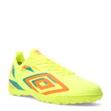 Championes de fútbol Umbro Hit Tf, color amarillo flúor con detalles en naranja y turquesa.