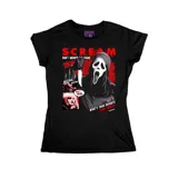 Remera negra de algodón con estampado del personaje Ghostface de la película Scream, con la frase "Don't answer the phone" y "What's your favorite scary movie?".