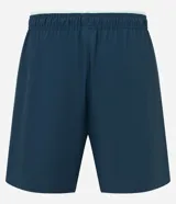 Bermuda deportiva azul marino de poliéster con elastano, con cintura elástica ajustable con cordón, bolsillos laterales con cierre y estampado localizado.