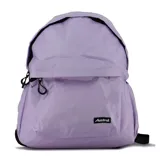 Mochila color lila con diseño sencillo y un compartimento frontal con cierre.