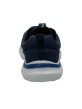 Zapato náutico azul marino con cordones azules, suela blanca y detalles en azul y blanco en el talón.