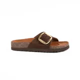 Sandalia de cuero color chocolate con hebilla dorada ajustable y plantilla anatómica de corcho.