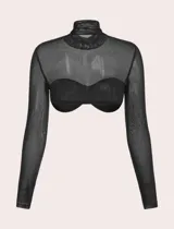 Top negro de mangas largas y cuello alto, confeccionado en tejido de red transparente. Incluye un corpiño bandeau negro con frunce en el centro.
