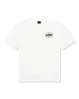 Remera blanca de manga corta con cuello redondo y estampado ovalado con el texto "DXM" en negro.