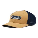 Gorra de béisbol Columbia color beige con paneles traseros de malla azul marino y logo de la marca bordado en el frente.